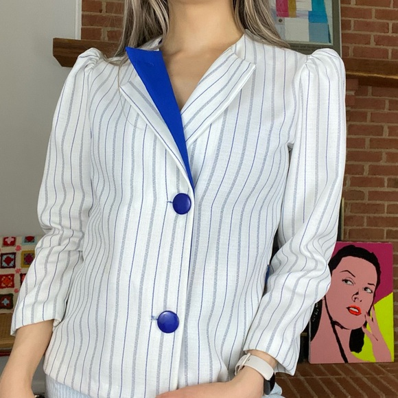 Vintage 80s Manhattan Plaza Bold Pinstripe Puff Sleeve Blazer Top USA Ma… - Picture 2 of 16